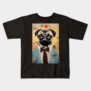 Cute Pug Dog Portrait in Suit Vintage Art Kids T-Shirt